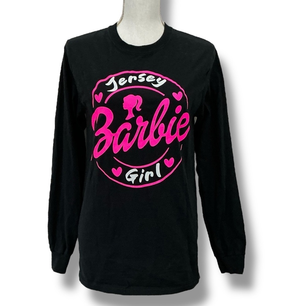 Barbie Jersey Girl Long Sleeve T Shirt Crew Neck Top Black Pink Graphic Small - Picture 2 of 16